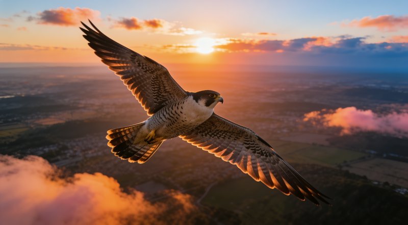 [Peregrine falcon soaring with outstretched wings, backlit by warm sunset above a cloud-dusted aerial landscape]
