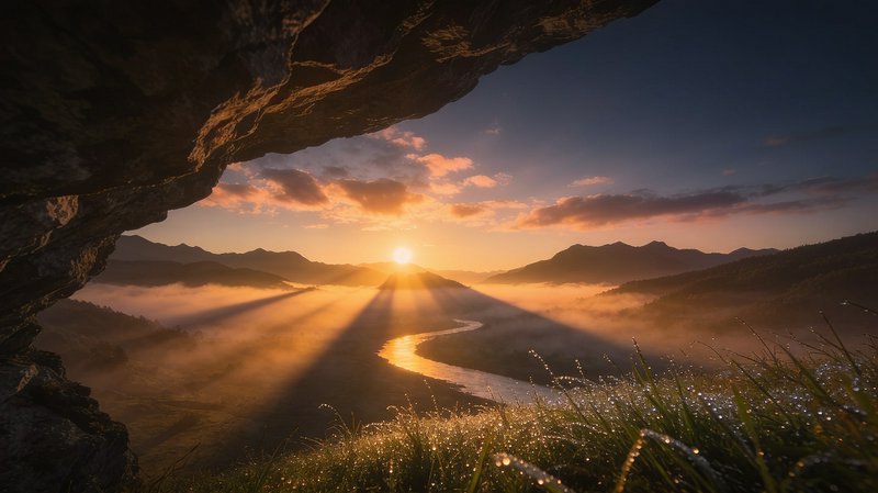 View from a rocky cave overhang of golden sunrise over misty mountain valley, winding river, and ...