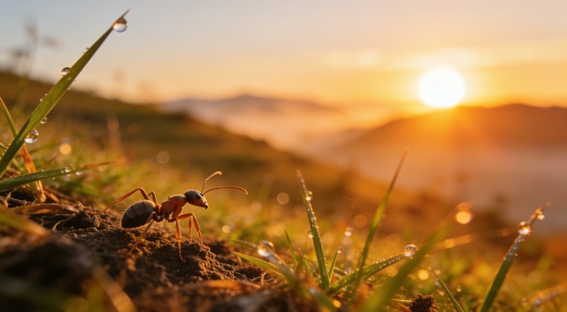Macro shot of an ant on dewy grass, glowing in warm golden sunrise over misty rolling hills