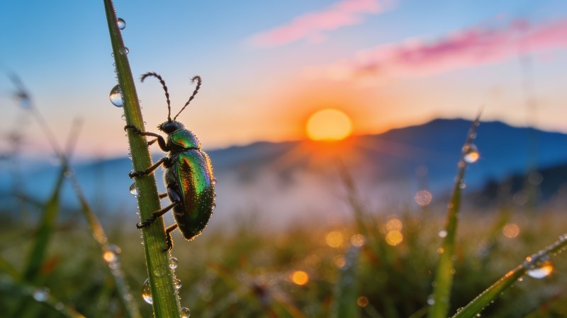 [Iridescent metallic beetle perched on dew-covered grass, with misty mountain sunrise in a soft blurred bokeh background]