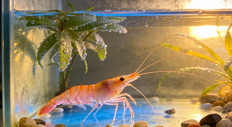 Pale pink ornamental freshwater shrimp stands in a sunlit planted aquarium next to bubbly aquatic...