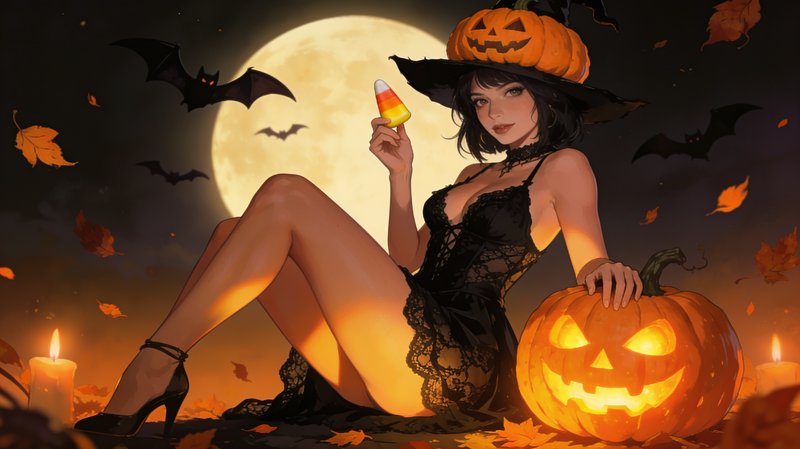 Anime Halloween witch with jack-o'-lantern hat holds candy corn beside a lit pumpkin under a glow...