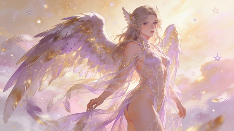 Ethereal anime winged elf angel with gilded lavender wings floats above glowing pastel starry clo...