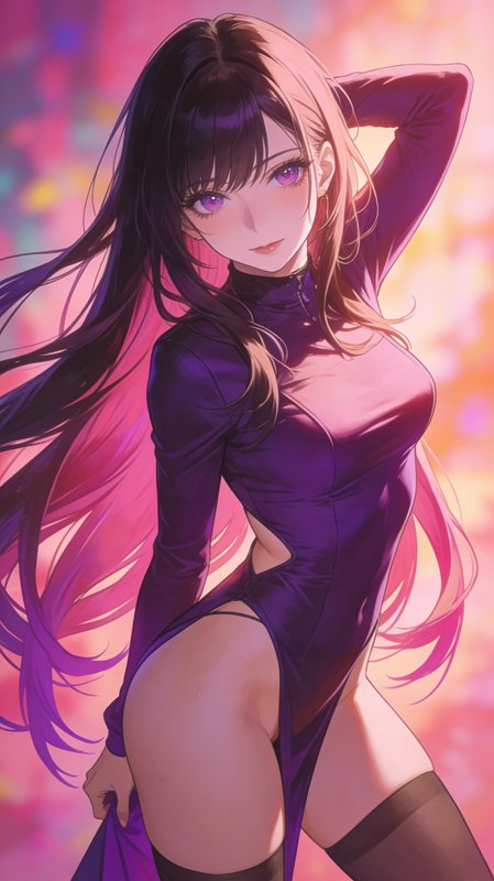 [Anime young woman with long gradient pink-purple hair, bright violet eyes, sleek purple dress poses against soft colorful...