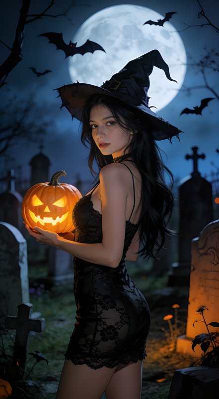 Young woman in a tattered witch hat holds a glowing jack-o'-lantern in a moonlit Halloween gravey...