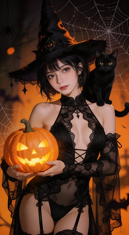 Elegant Halloween witch holds a glowing jack-o-lantern, black cat perched on her shoulder against...