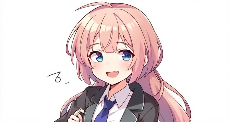 Chibi anime girl with long pink hair and blue eyes smiles in school uniform against a plain white...