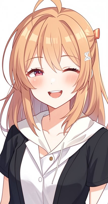 Cheerful blonde anime girl winks playfully, with pink eyes, soft blush, and casual layered clothi...