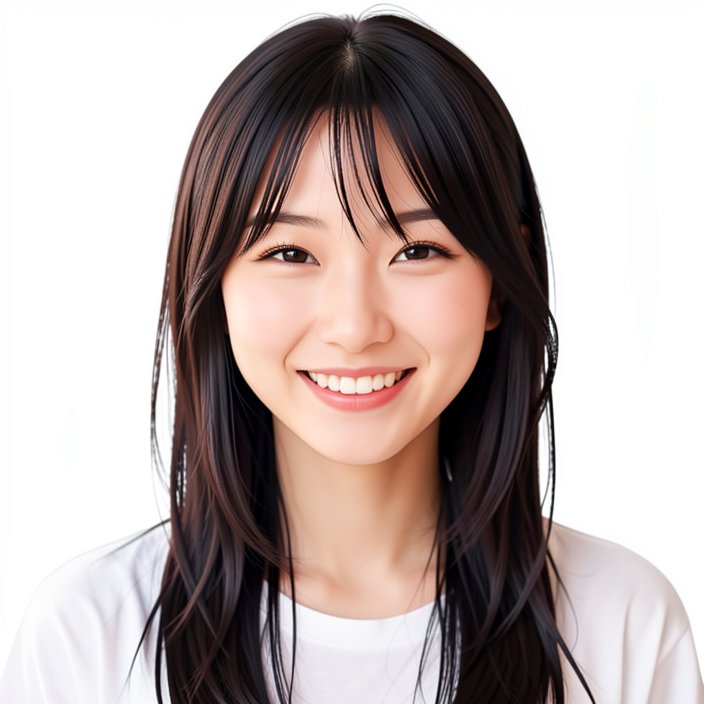 Close-up headshot of a smiling young East Asian woman with long dark bangs, against a plain white...