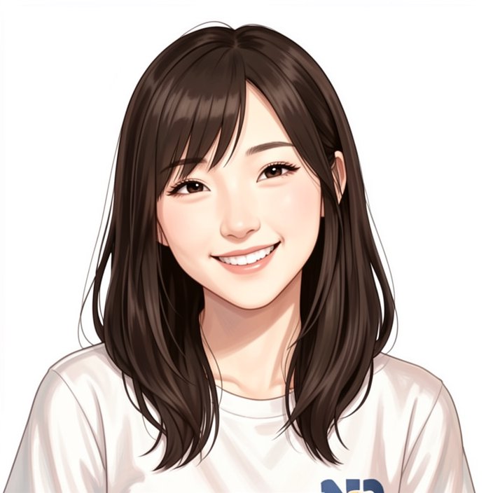 Illustrated portrait of smiling young East Asian woman with shoulder-length dark brown hair, casu...