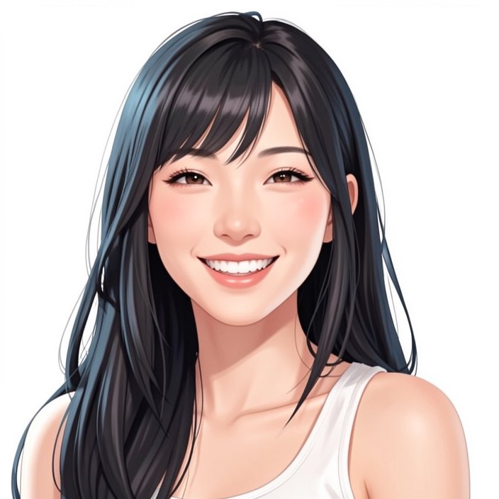 Semi-realistic digital portrait of a smiling young East Asian woman with long glossy black hair, ...