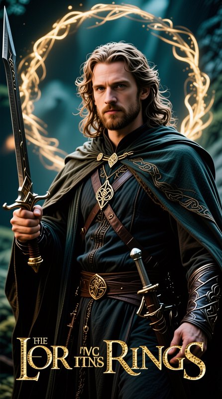 Cinematic fantasy portrait of Lord of the Rings Aragorn holding an engraved sword, glowing golden...