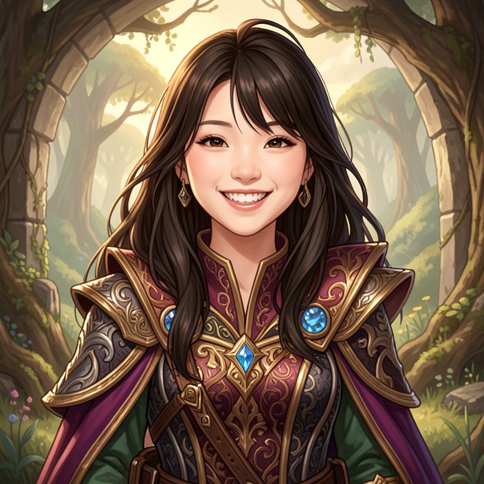 Smiling East Asian fantasy adventurer in ornate gemmed armor, sunlit overgrown forest archway, an...