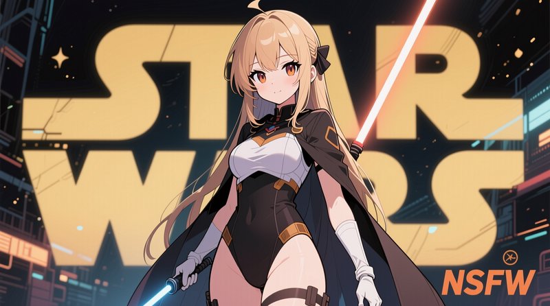 Anime Jedi girl holding dual lightsabers, posed in front of a stylized glowing Star Wars title ba...