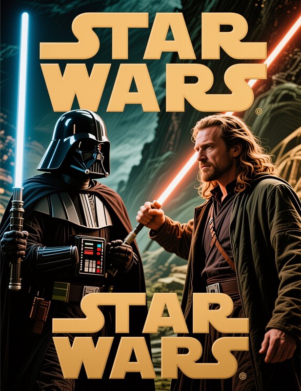 Star Wars poster showing Darth Vader facing Obi-Wan Kenobi, each holding a glowing lightsaber, wi...