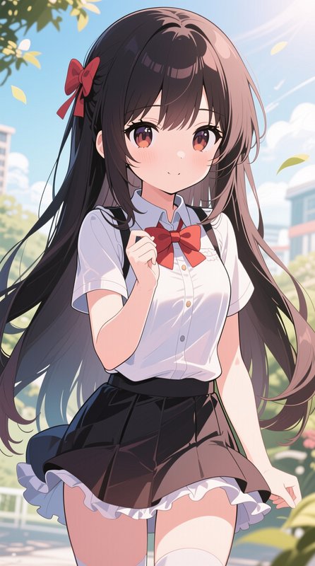 Cute moe anime schoolgirl with long dark hair and red bows stands on a sunlit school campus