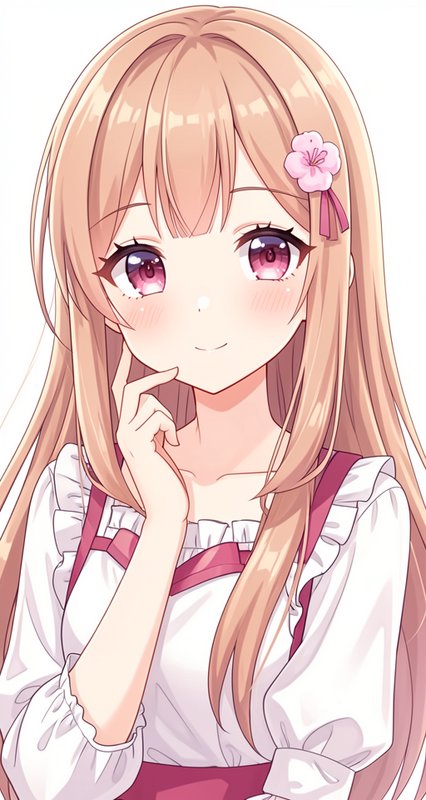 Soft anime portrait of a blushing young girl with long blonde hair, pink flower hair clip, and br...