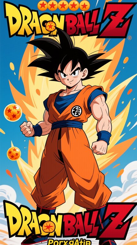 Anime illustration of Son Goku from Dragon Ball Z, surrounded by glowing power aura and floating ...
