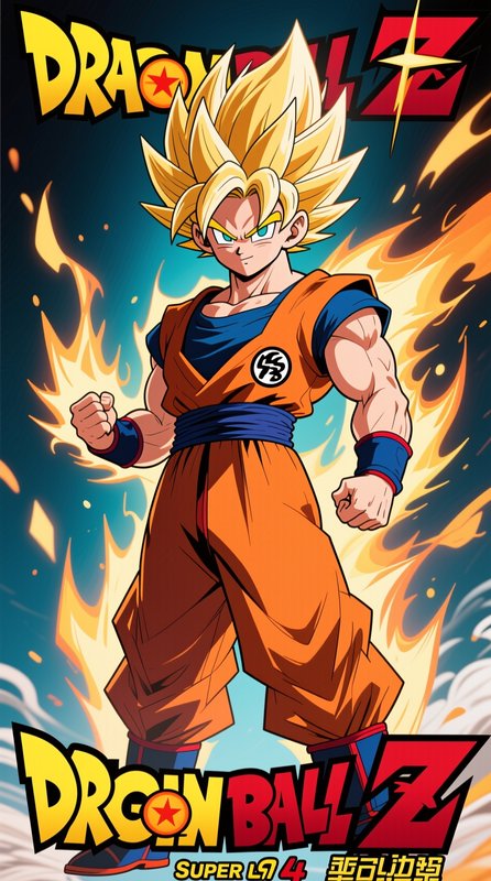 Super Saiyan Goku stands wreathed in golden ki aura on a vibrant official-style Dragon Ball Z ani...