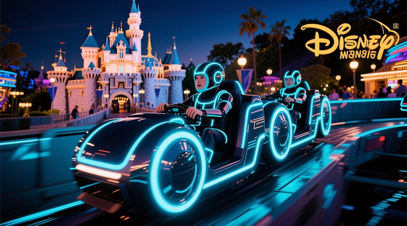 Tron-themed futuristic neon ride vehicles travel along a Disneyland track at twilight, with the g...