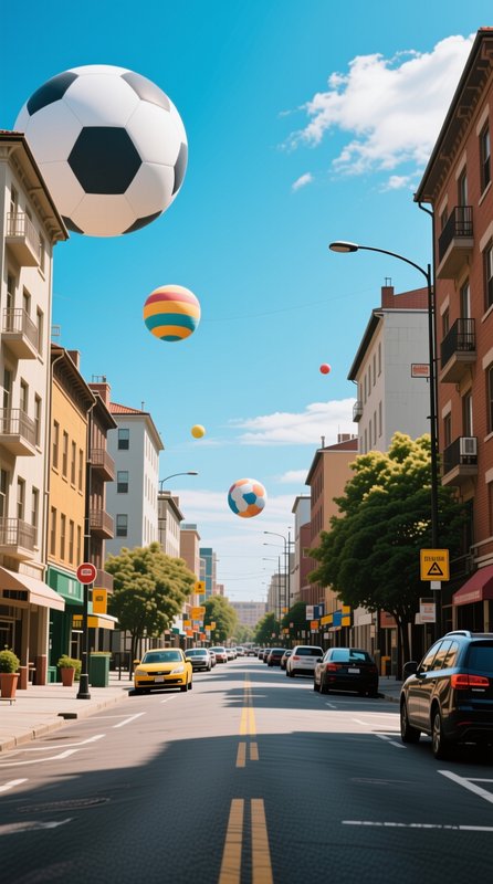 Surreal sunlit downtown street with giant floating soccer and beach balls hovering above the road...