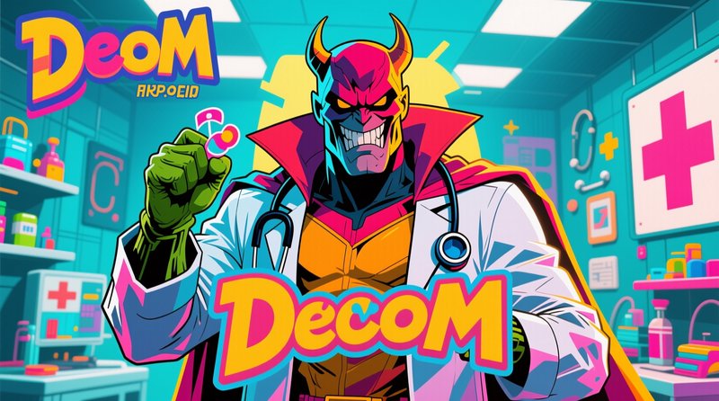 Vibrant retro pop art of a grinning horned demon doctor holding a pill in a bright teal medical c...