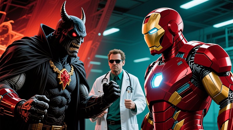Horned armored demon, Iron Man-style hero, and observing doctor face off in a neon-lit futuristic...