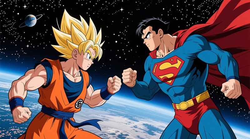 Super Saiyan Goku and Superman face off with clenched fists above Earth in starry outer space, an...