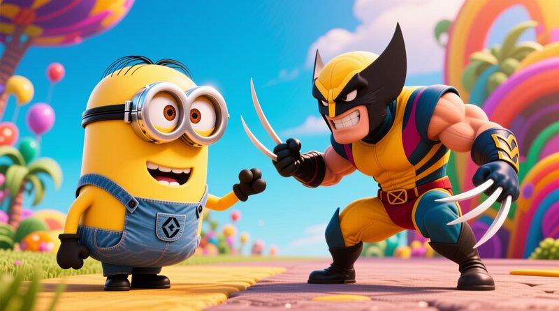 Cheerful Minion faces off against clawed Wolverine in a bright, whimsical candy-colored cartoon p...