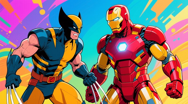 Wolverine with extended adamantium claws faces off against Iron Man in a bright comic style scene