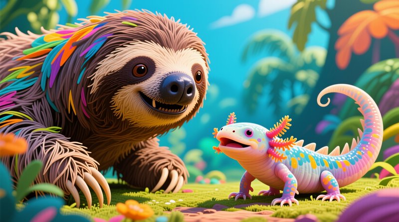 Smiling rainbow-accented sloth and pastel axolotl face each other in a bright whimsical jungle cl...