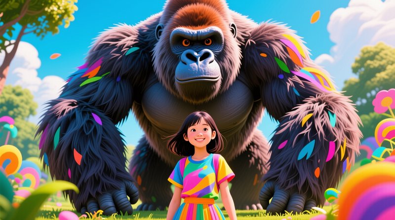 Smiling young girl in rainbow clothing stands before a giant decorated gorilla in a sunny fantasy...