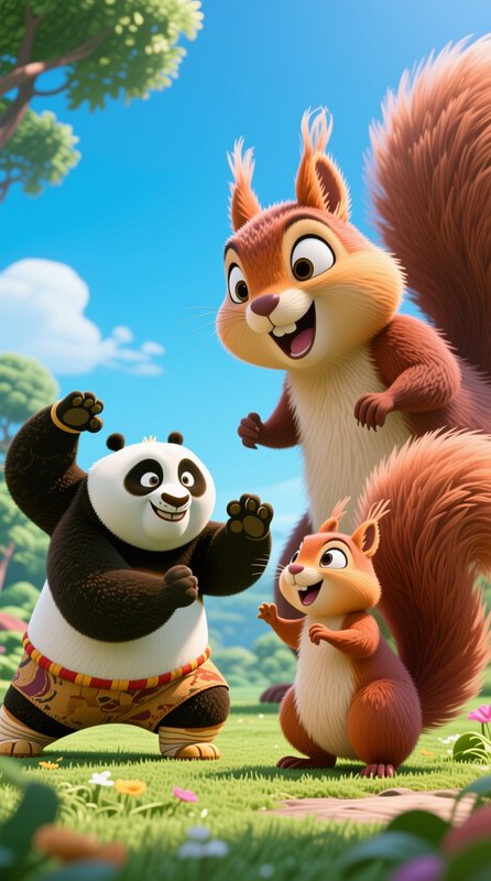 Animated cartoon panda playing cheerfully with two squirrel friends on a sunny grassy meadow