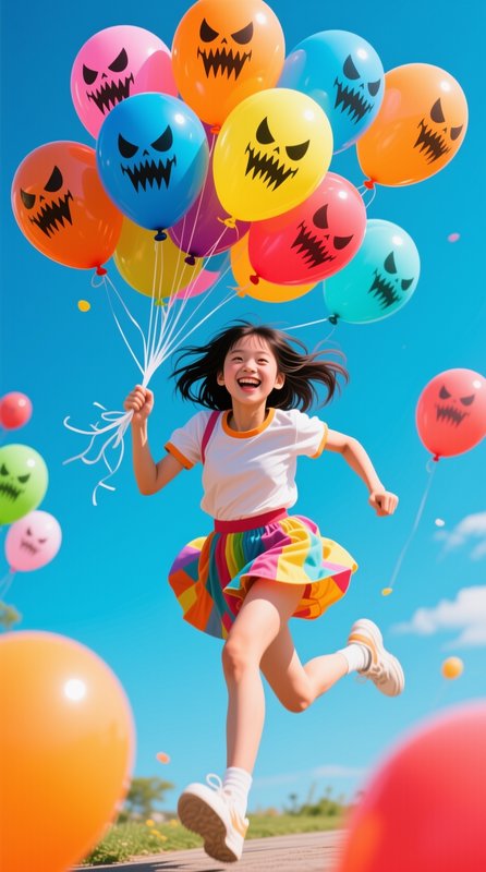Laughing young girl runs holding colorful balloons printed with spooky jack-o-lantern faces under...