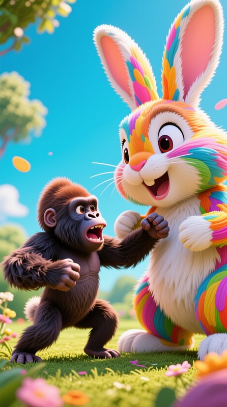 Playful cartoon baby gorilla faces off against a fluffy rainbow Easter bunny on a sunny grassy me...