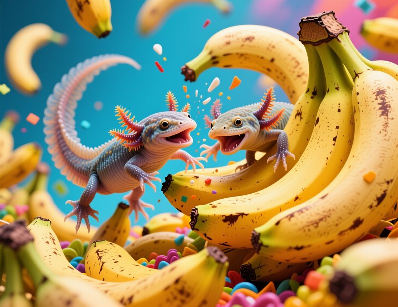 Two grinning axolotls interact mid-air surrounded by ripe bananas and falling colorful sprinkles