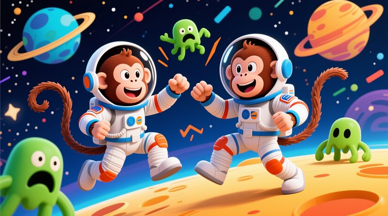 Two cartoon astronaut monkeys celebrate on a cratered alien moon alongside surprised green space ...