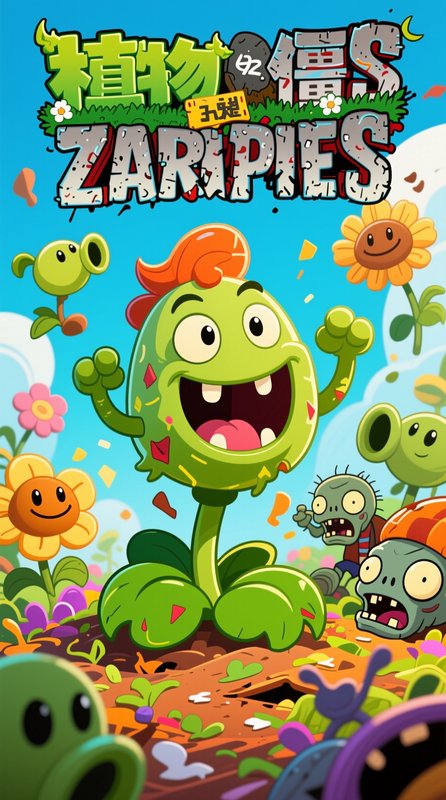 Cheerful Plants vs Zombies fan art featuring an excited plant character, sunflowers, and approach...