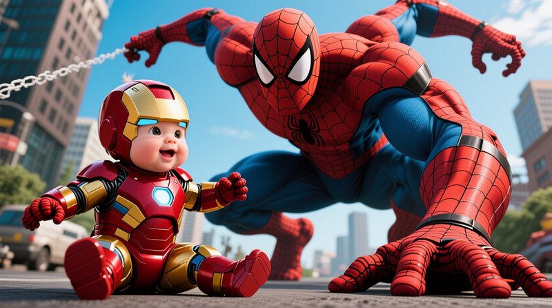 Grinning baby in a tiny Iron Man suit sits beside crouched Spider-Man on a sunny city street