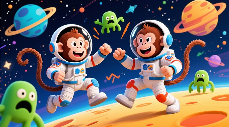 Two cartoon monkey astronauts celebrate on a cratered alien moon next to startled small green aliens