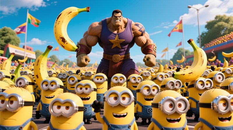Muscular animated hero towers over a crowd of goggle-wearing Minions holding giant bananas at a s...