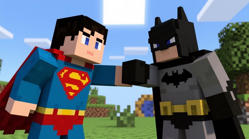 Blocky Minecraft-styled Superman and Batman fist bump in a sunny pixelated overworld