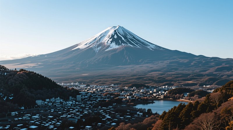 Snow-capped Mount Fuji towers over a lakeside Japanese town under a clear pale blue sky