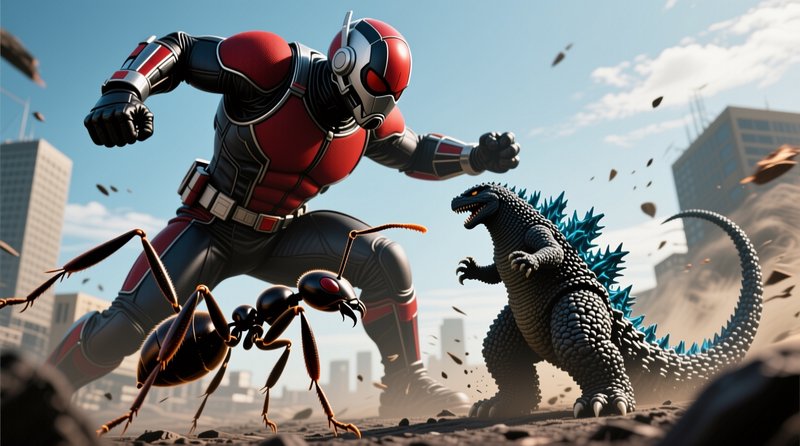 Giant Ant-Man and his ant sidekick face off against a tiny Godzilla in a ruined city battle