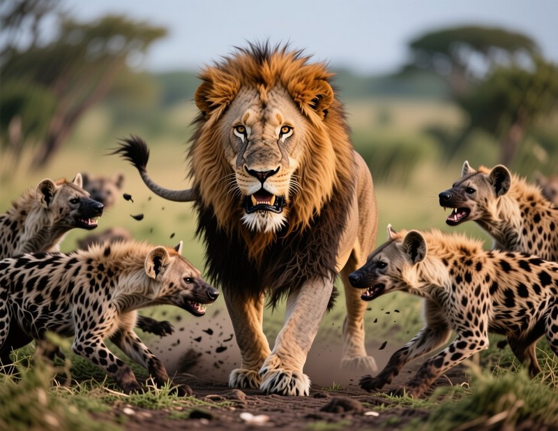 Snarling male African lion advances surrounded by aggressive spotted hyenas on open savanna
