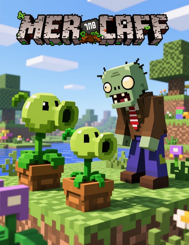Blocky Minecraft-style crossover art showing Plants vs Zombies peashooters confronting a zombie o...