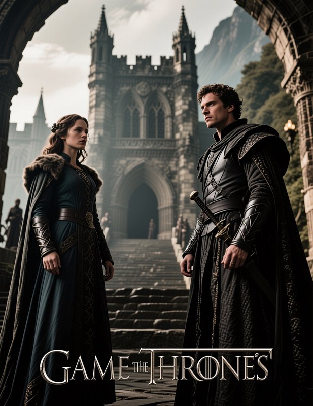 Regal noblewoman and armored warrior stand before a gothic stone castle with Game of Thrones titl...