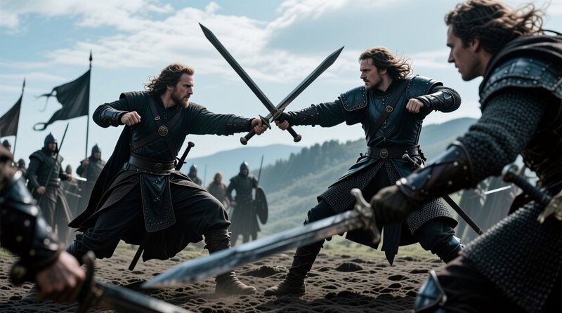 Two armored medieval warriors clash swords mid-duel on a muddy windswept battlefield as armies lo...