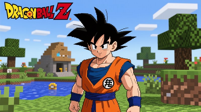 Goku from Dragon Ball Z stands in a pixelated blocky Minecraft game landscape
