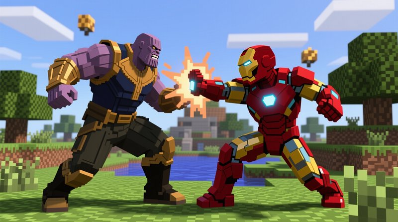 Blocky voxel Iron Man clashes fists with Thanos in a bright Minecraft overworld